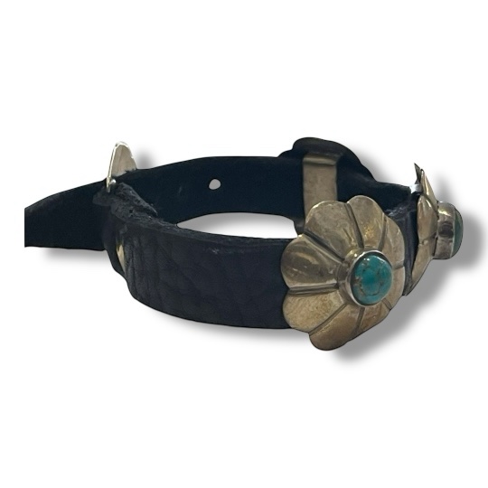 SILVER AND TURQOUISE CONCHO AND LEATHER BRACELET - Image 4