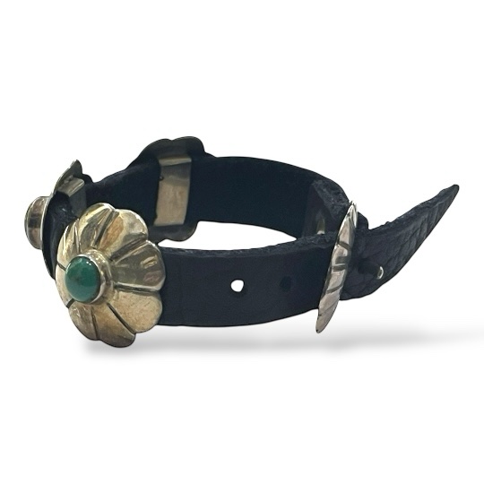 SILVER AND TURQOUISE CONCHO AND LEATHER BRACELET - Image 6