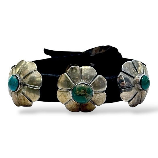 SILVER AND TURQOUISE CONCHO AND LEATHER BRACELET